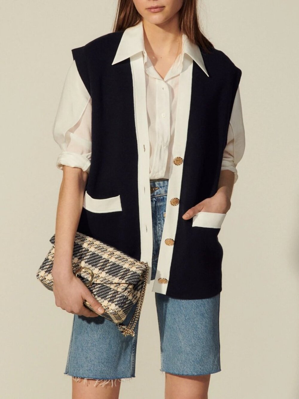 Sandro Navy and White V-Neck Buttoned Vest Cardigan - Picture 2 of 6